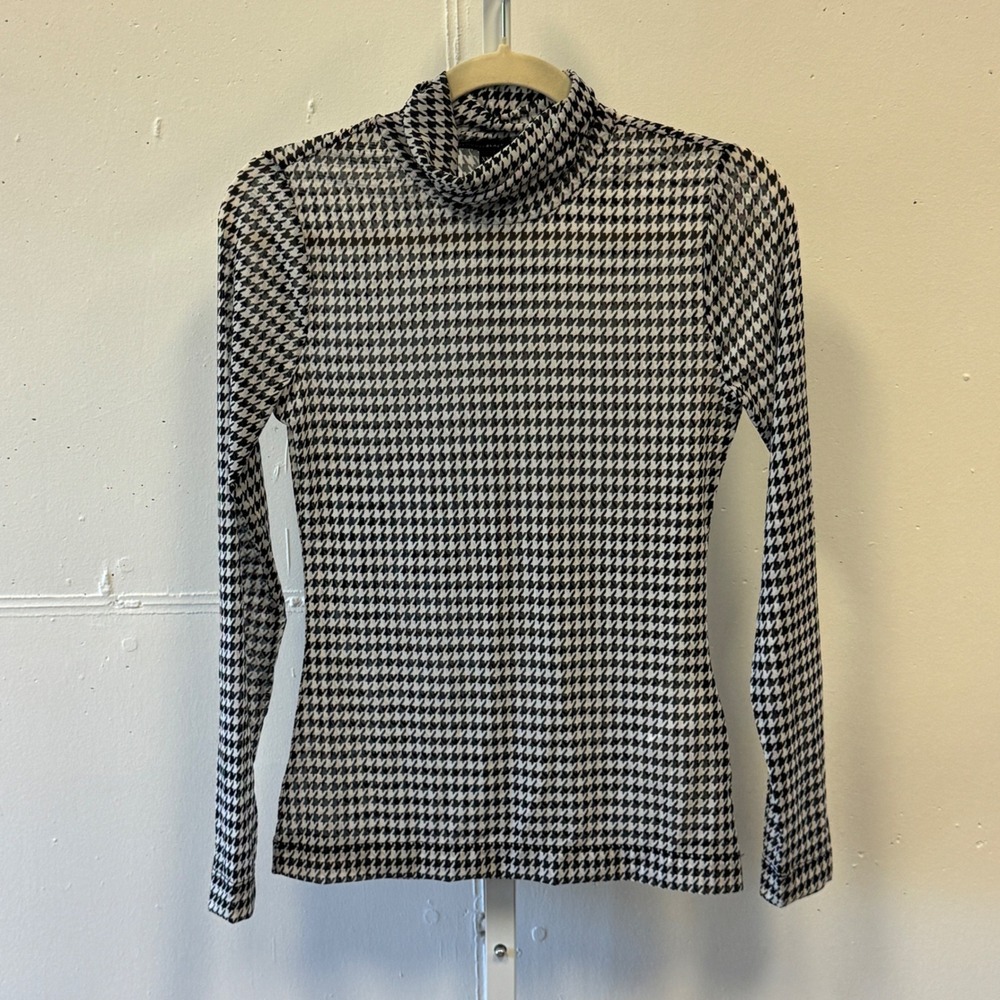 White House Black Market XXS Houndstooth Mesh Turtleneck Top Black White Stretch